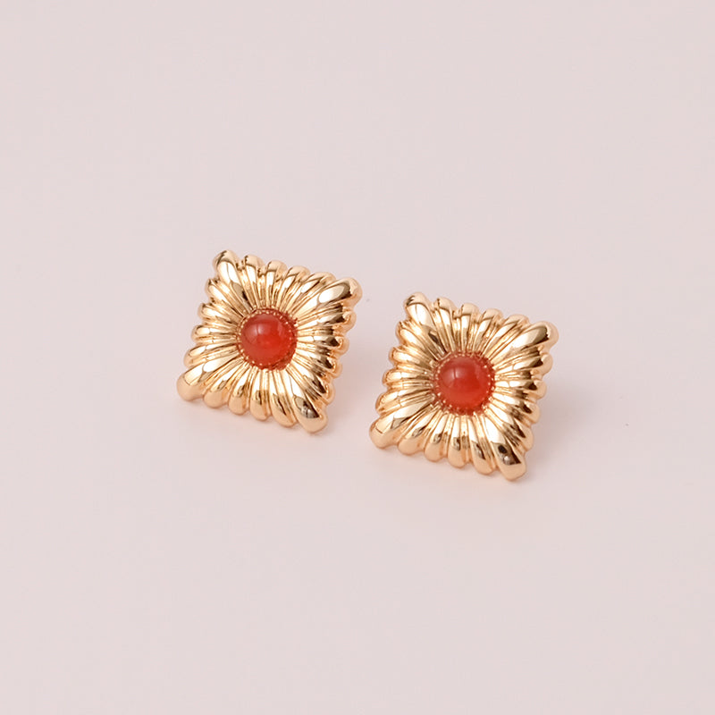 Holiday vintage diamond red agate earrings