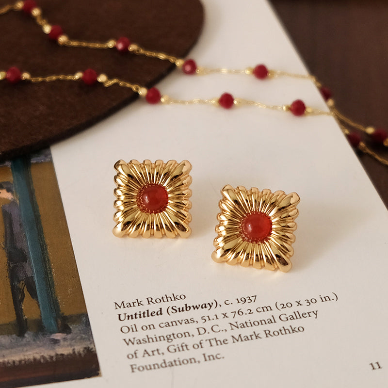 Holiday vintage diamond red agate earrings