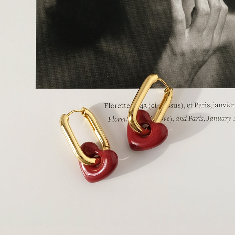 Retro niche art handmade heart red peach heart earrings earrings temperament women