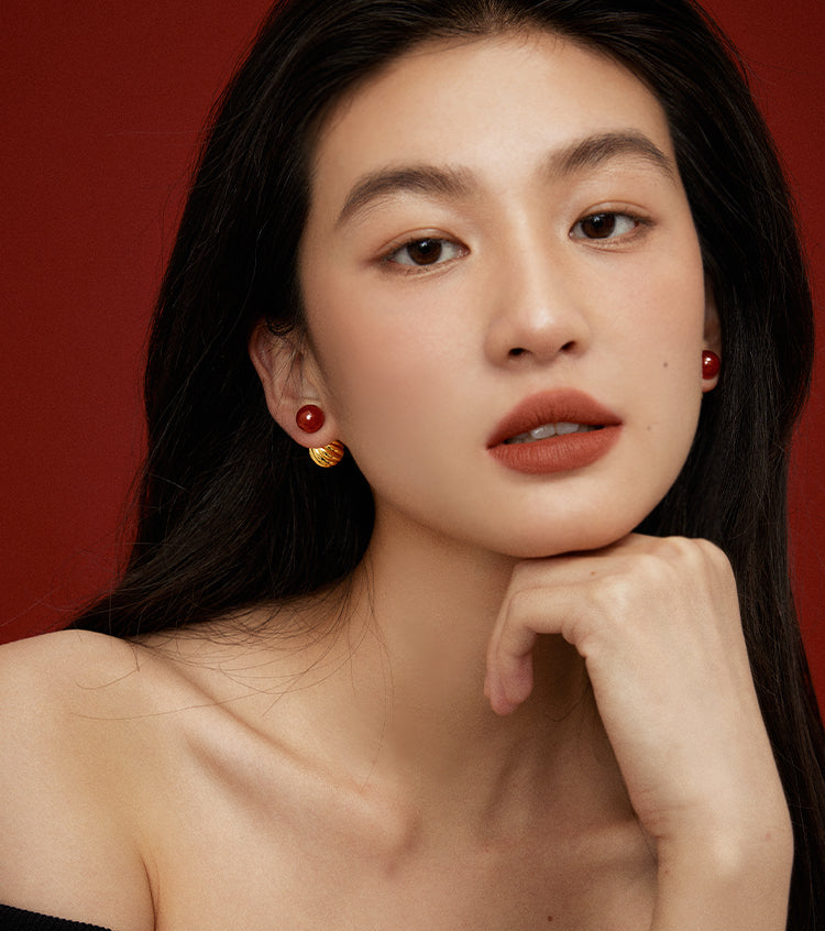 EVESENSE Monica series red agate double ball earrings autumn and winter luxury sense of luxury retro two-wearing light luxury earrings