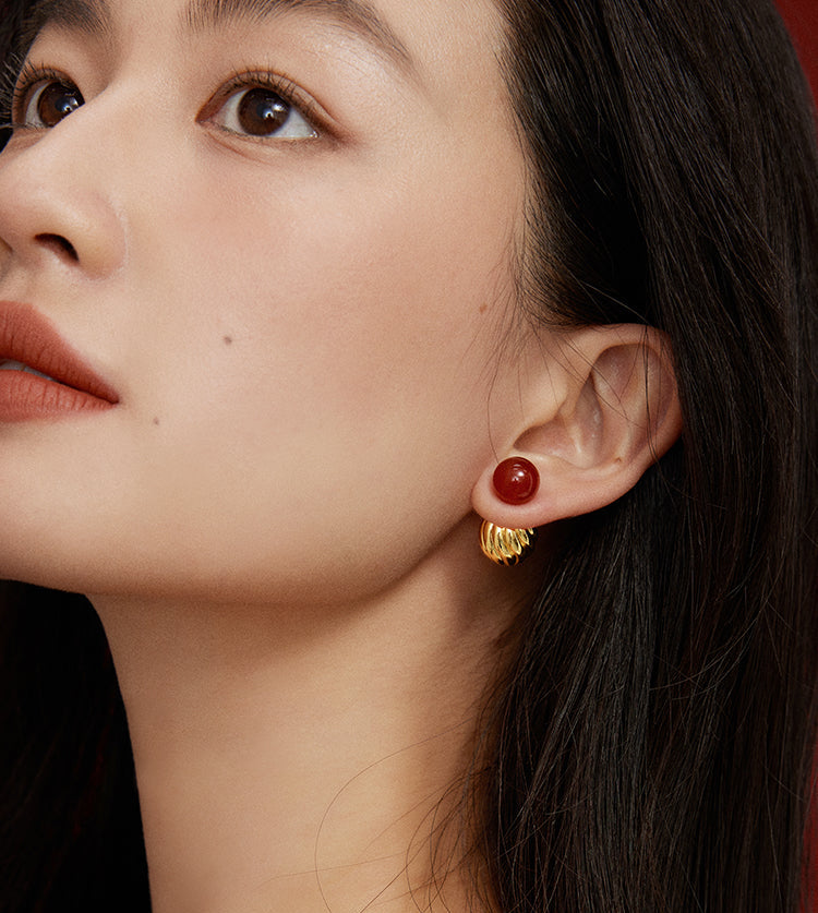 EVESENSE Monica series red agate double ball earrings autumn and winter luxury sense of luxury retro two-wearing light luxury earrings