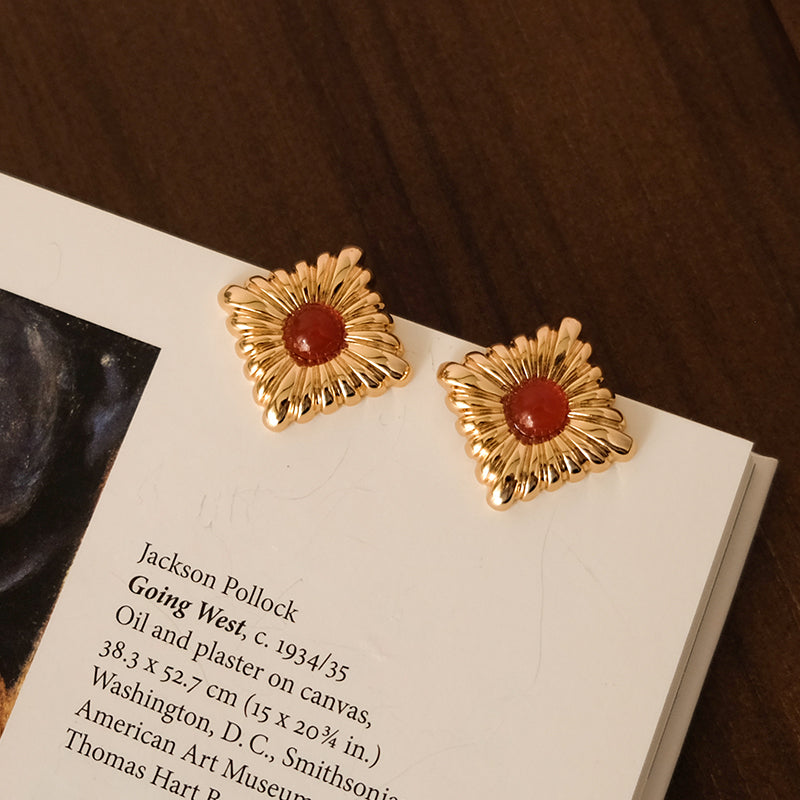 Holiday vintage diamond red agate earrings