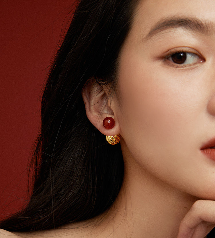 EVESENSE Monica series red agate double ball earrings autumn and winter luxury sense of luxury retro two-wearing light luxury earrings