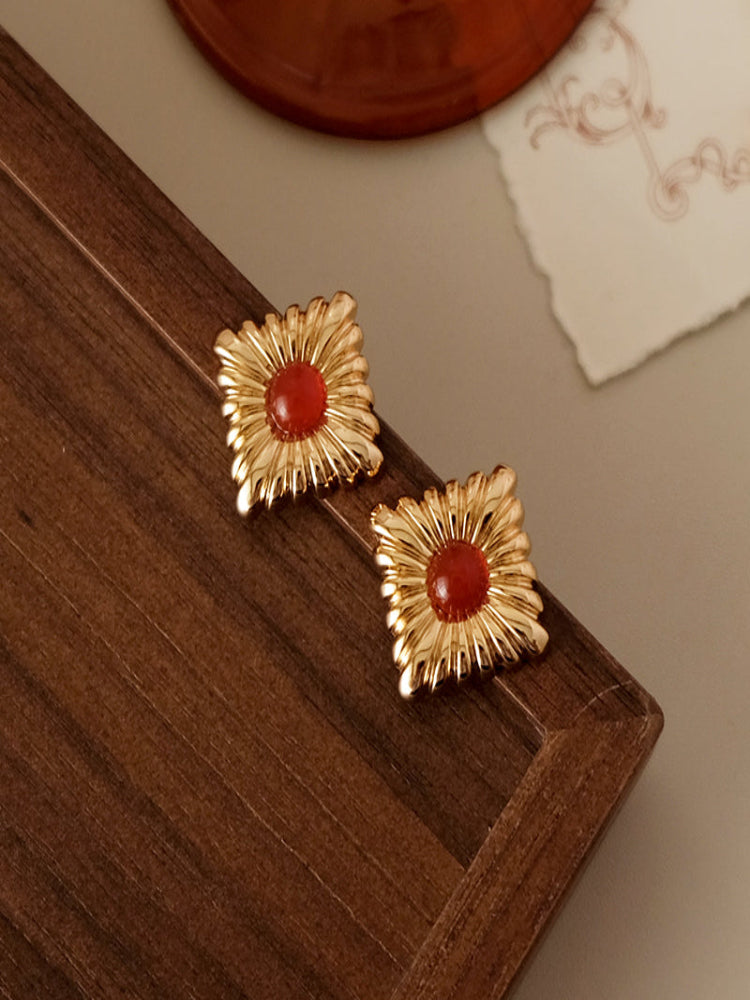 Holiday vintage diamond red agate earrings